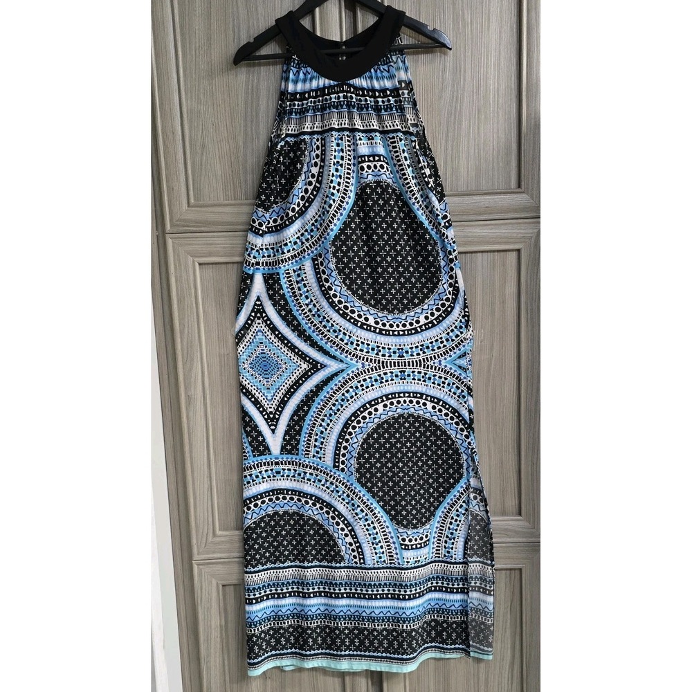 Unbranded London Styled Womens Maxi Dress Sz 10/Med Blk Blue Mandala Geo Print